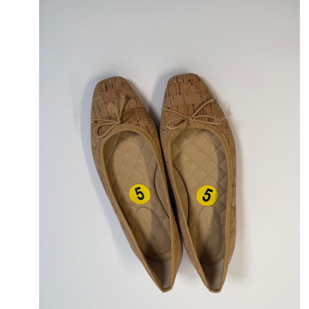 Veronica Beard Womens Cork Ballet Flats Square Toe Bow Tan‎ Shoes Size 5M
